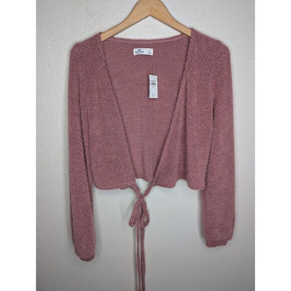 NWT Hollister Pink Chanelle Tie Cropped Sweater Sz L Soft Textured Knit Wrap Top - Picture 5 of 11